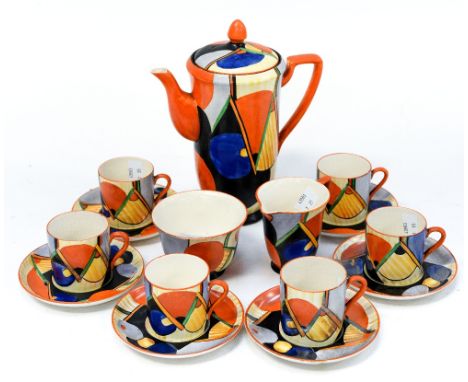 An Art Deco Devon tea set; tea pot, six cups and saucers, sugar bowl and cream jug (one saucer with damage) 