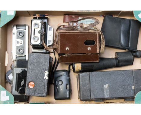 A box of stereoscopic cameras, binoculars, compass etc, including a stereo Hankeye Blair camera Co No. 2 