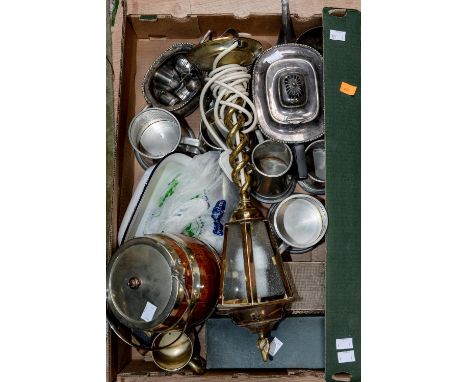 A quantity of silver plate, boxed flatware and a brass lamp