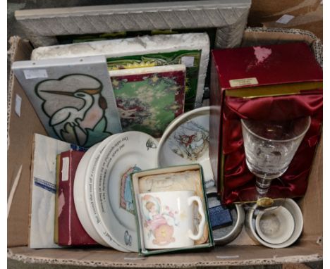 A box of vintage and decorative tiles, Peter Rabbit ware, etc, including Wedgwood glass paperweights 
