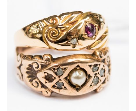 Two 9ct gold rings, one set ruby and diamond chips, the other cultured pearl 