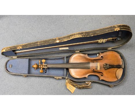 A cased Violin with bow. One piece back, labeled "Repaired by JP Allen, Repton 1891". 