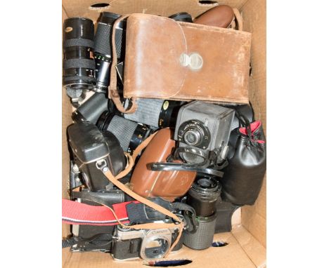 Two boxes of vintage cameras and lenses including Canon, Ensign, Agfa etc 