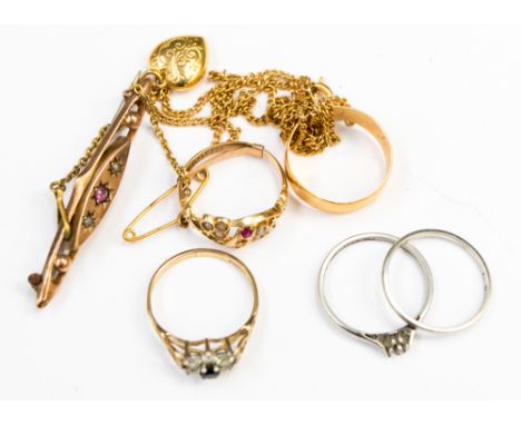 A 22ct gold wedding band, a ruby and pearl ring, three other rings, heart pendant and 9ct brooch 