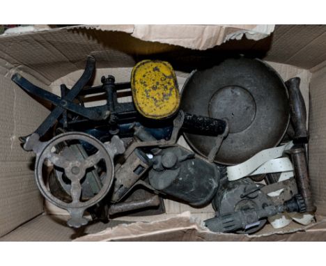 A box of cast iron flat irons, weighing scales (with imperial weights) and two blow torches (one box) 