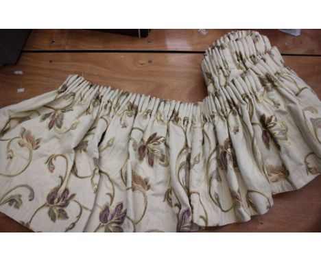 One pair of curtains together with a valance to fir a 12 ft approx. window, neutral beige/cream colour with scrolling leaf de