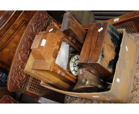Two boxes, oak veneered wall clock, barometer, North African metal jug and lamp base (one box) 