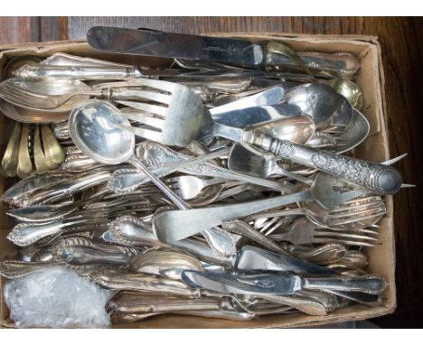 A large collection of assorted silver plate flatware, mostly from one set, comprising forks, knives, spoons etc including a c