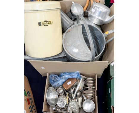 A good box of metalware, including circa 1960s soda syphon, weighing scales, Piquot ware, horn handled companion set, Walker 