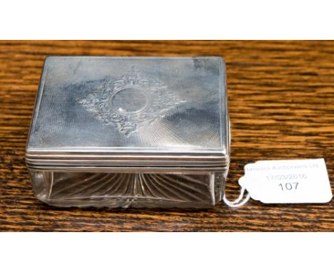 A Victorian silver topped cut glass toilet box, the cover with engine turned decoration and central vacant cartouche, hallmar