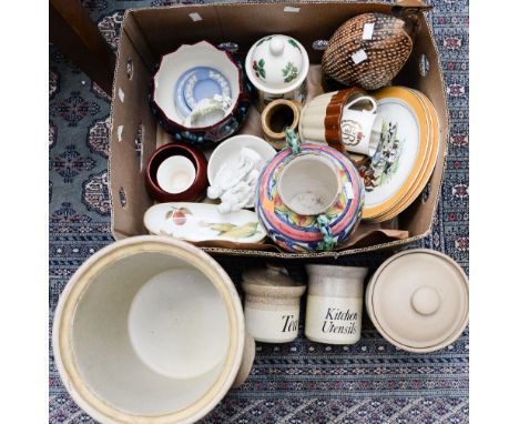 A stoneware bread crock and lidded stoneware containers, together with a box of Worcester 'Evesham', stoneware jelly mould, I