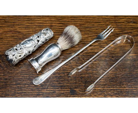 A silver Edwardian posy holder (af) Birmingham 1903, silver pickle fork, Sheffield 1917, Chester shaving brush 1905, silver G