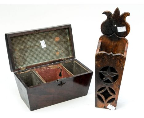 A sarcagophus shaped tea caddy with a treen carved candle box (2)