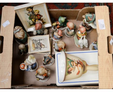 A box containing approx thirteen Goebel figures and three ceramic Goebel style pictures 