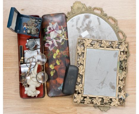 A lacquer tortoiseshell effect glove box with three pairs of yellow metal framed vintage spectacles, five cigarette lighters,