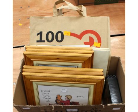 A box of six facsimile 'Winnie the Pooh' framed prints, a set of three teddy bear reference books, in a sleeve, Steiff paper 