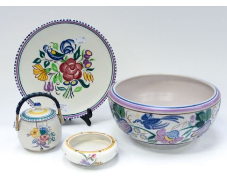 Poole pottery, large fruit bowl, 1960s, 434, plate. conserve pot and lid and early occasional dish (4) 