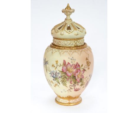 A Royal Worcester blush ivory pot pourri and cover (finial re-glued) 