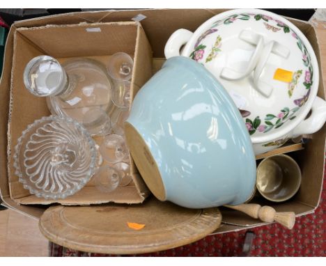 A large Portmeirion 'Botanic Garden' tureen, cover and ladle (minor chip to lip of tureen) with kitchen ephemera, glassware e