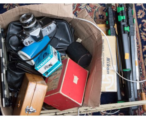 A box of camera equipment tripod etc and a guillotine 