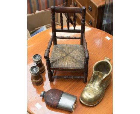 Small doll/teddy chain binoculars and brass boot, and hip flask (pewter) (4)