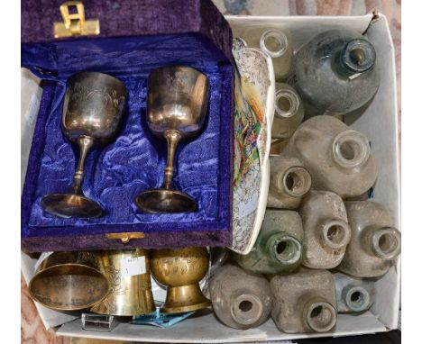 A good collection of collectors souvenir spoons, brassware, including 1977 tractor rally and old bottles including Derby Infi