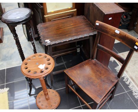 An early 20th Century oak side table, a barley twist plant stand, a stick stand, together with an early 19th Century elm seat