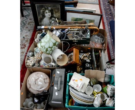 A large quantity of assorted metalwares, toys, 1930s glassware, walking sticks, a suitcase of prints and mirrors, globes and 