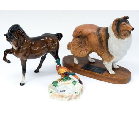 A Beswick Connoisseur 'Rough Collie', with a Beswick high gloss 'Bay Horse' and a Beswick pheasant trinket dish (3) 