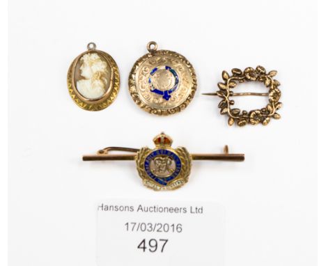 A George V 9ct gold tie pin with enamel badge for the Royal Engineers, together with three yellow metal pendants (4) 