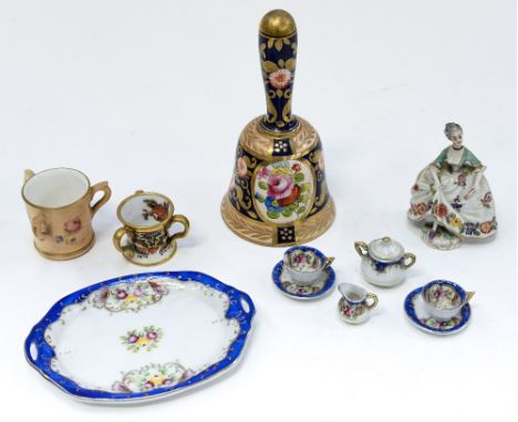 A German perfume bottle 19th Century, a Worcester Ivory blush miniature tyg, a Spode miniature tyg, miniature teaset and a Cr