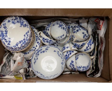 A box of ceramic W.A.A and Co blue and white 'Lucerne' part dinner set, to include twelve cups and saucers, eleven side plate