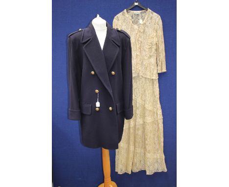 A 'Cris Moda' gold/beige lace evening dress with matching jacket; together with a ladies' navy 'Jaeger' coat, wool and cashme