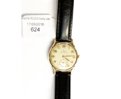 A vintage 9ct gold cased Rolex gentlemen's wristwatch, with Arabic numerals, subsidiary dial, leather strap and gold buckle