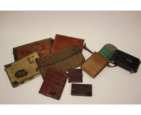A snakeskin clutch bag with assorted vintage bags and purses etc 