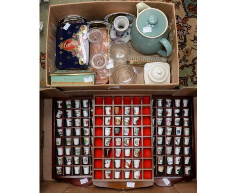 A Denby Cottage green coffee pot, Radford ware, Masons tins, glassware and a leather bound grooming kit, together with a coll
