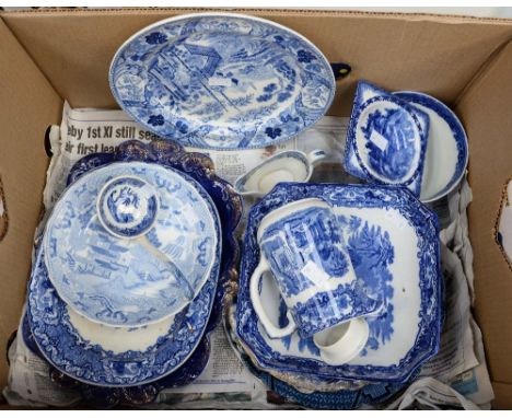 Blue and white 19th Century ceramics to include George Jones Abbey design, ladle etc (one box) 