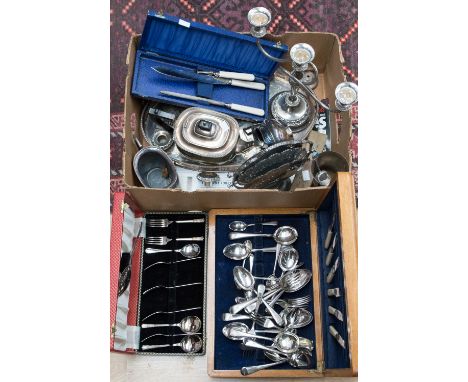 EPNS teapot, sugar and milk jug flatware and carving set etc, to include canteen (qty) coins, goblet etc 