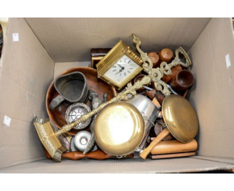 A box of treen and metalware, including brass weighing scales and pans