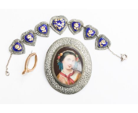 Pewter and enamel with gold and silver flowers bracelet, hand fitted silver chain attachments and a transfer print brooch wit
