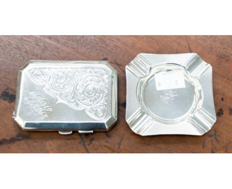 A silver cigarette case and silver ashtray (marks rubbed) both Birmingham 1944, 3.64 ozt approx.