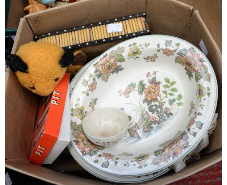 A box of Wedgwood Eastern Flowers pattern part dinner service, Sooty hand puppet, etc