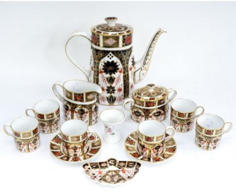 A Royal Crown Derby Imari 1128 part coffee set, comprising: coffee pot, milk, sugar and cover, six coffee cans, two saucers, 