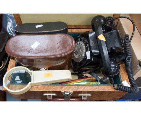 Wooden box, two pairs of cased binoculars, magnifyer pipes etc and a black vintage plastic telephone parcel lot, spare binocu