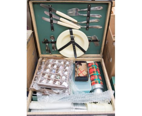 Three display plaques and thimbles and a picnic case, cigarette cards etc 