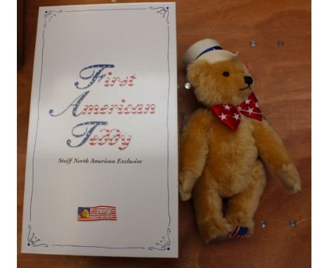 A boxed Steiff limited edition 'First American Teddy', blond mohair, growler, no. 5810, model no. 667183, with certificate, h