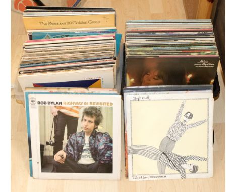Three boxes of records including Bob Dylan, Folk, Rod Stewart, 70s to 90s 