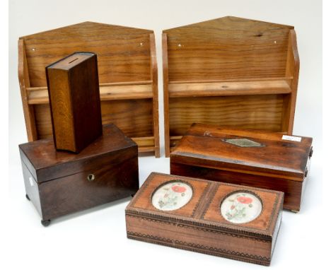 A quantity of treen to include pine racks, tea caddy, jewel box, money box and contents (6) 