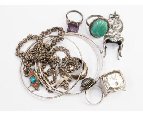 Assorted vintage silver jewellery to include four rings, a necklace, etc and a silver doll's stool and chair 