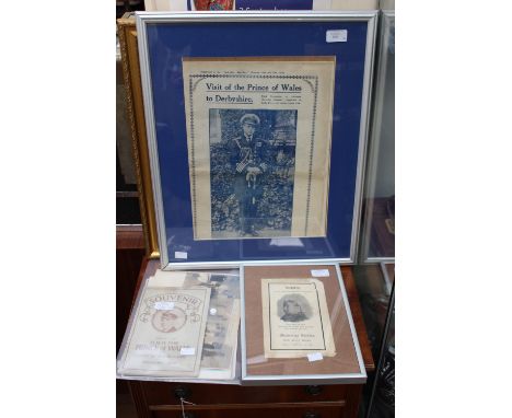 A 1928 Prince of Wales visit to Derbyshire souvenir brochure, supplement cover, Queen Victoria memorial leaflet and Derby Cou